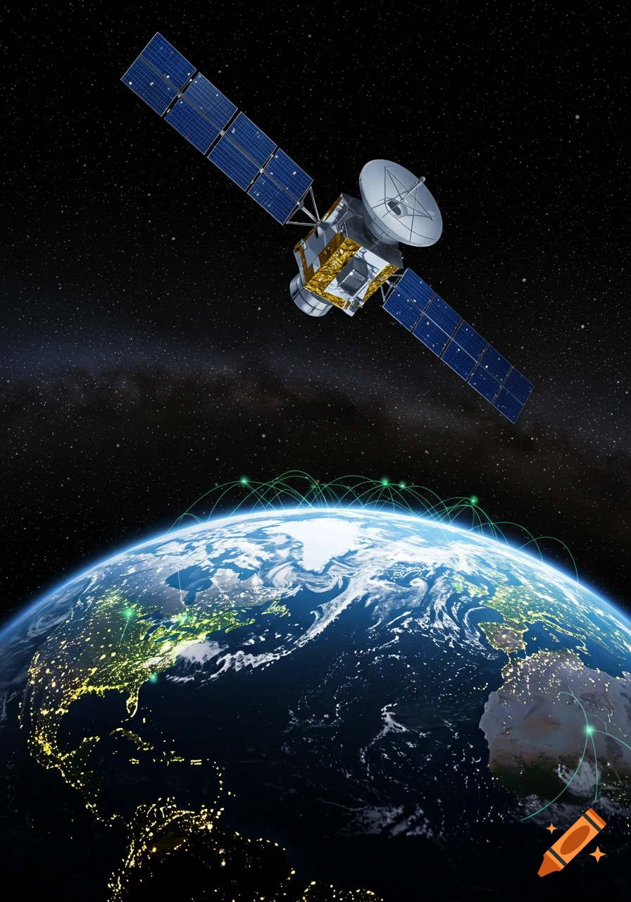 A photorealistic image of a satellite orbiting Earth, with glowing green lines representing global network connections.