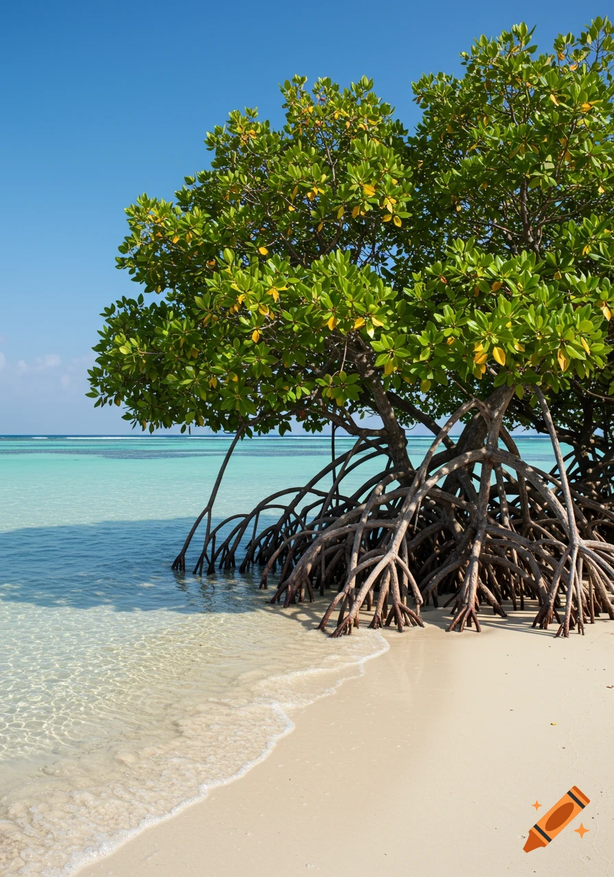 A photorealistic view of a lush green mangrove tree with exposed roots on a white sandy beach next to clear turquoise ocean water.
