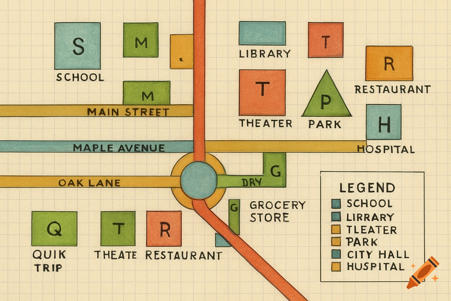 A colorful, hand-drawn style city map on grid paper with streets, a roundabout, and buildings labeled with letters and names, some with misspellings, and a legend box.