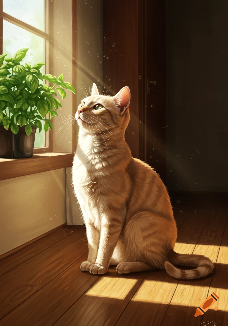 Digital art of an orange tabby cat sitting by a sunlit window with a potted plant, looking up.
