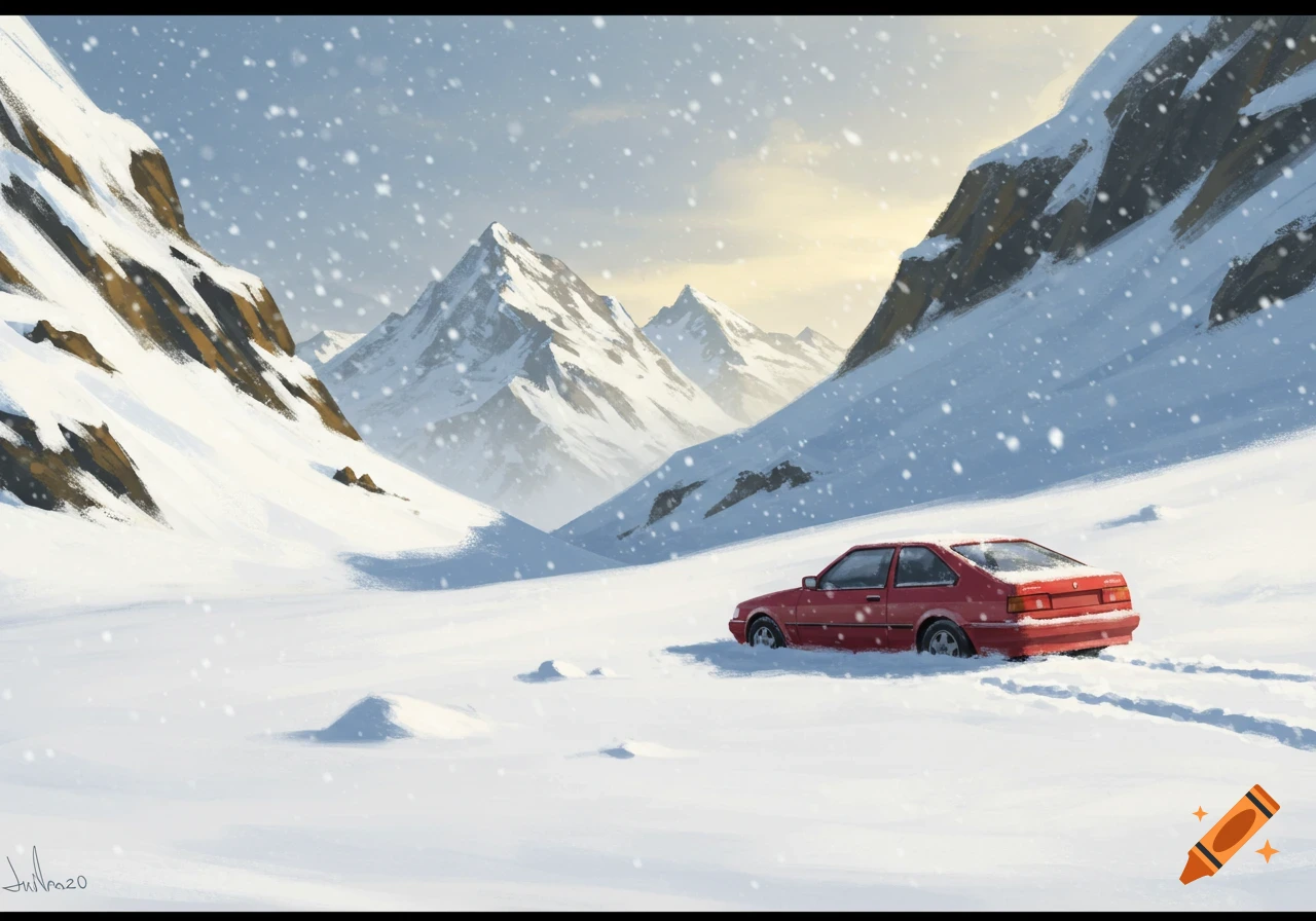 A red car is stuck in deep snow in a snowy mountain valley during a snowfall, digital art.