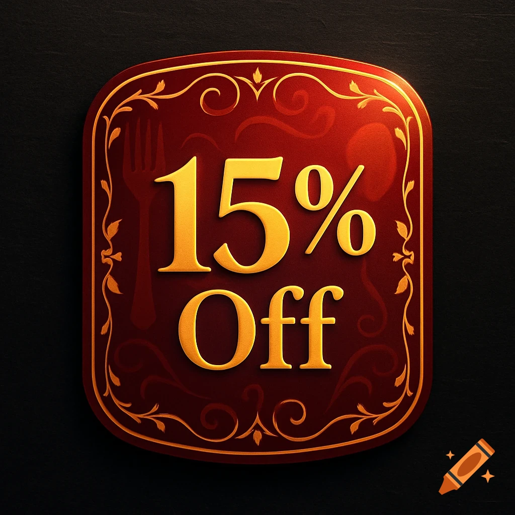 A decorative red and gold discount badge with "15% Off" in golden text, featuring subtle restaurant utensil silhouettes in the background.