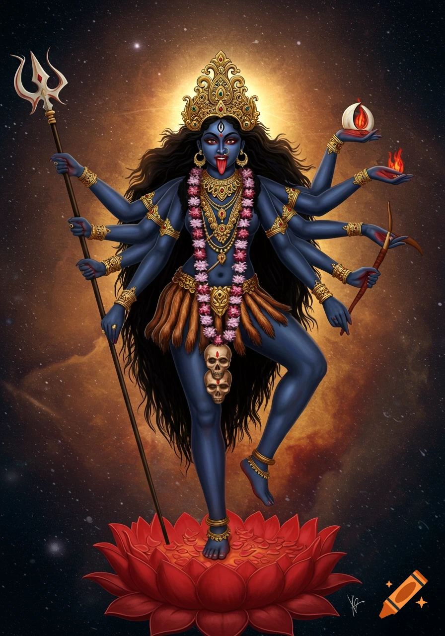 Goddess Kali with dark blue skin, multiple arms, crown, skull necklace, standing on a red lotus against a cosmic background.