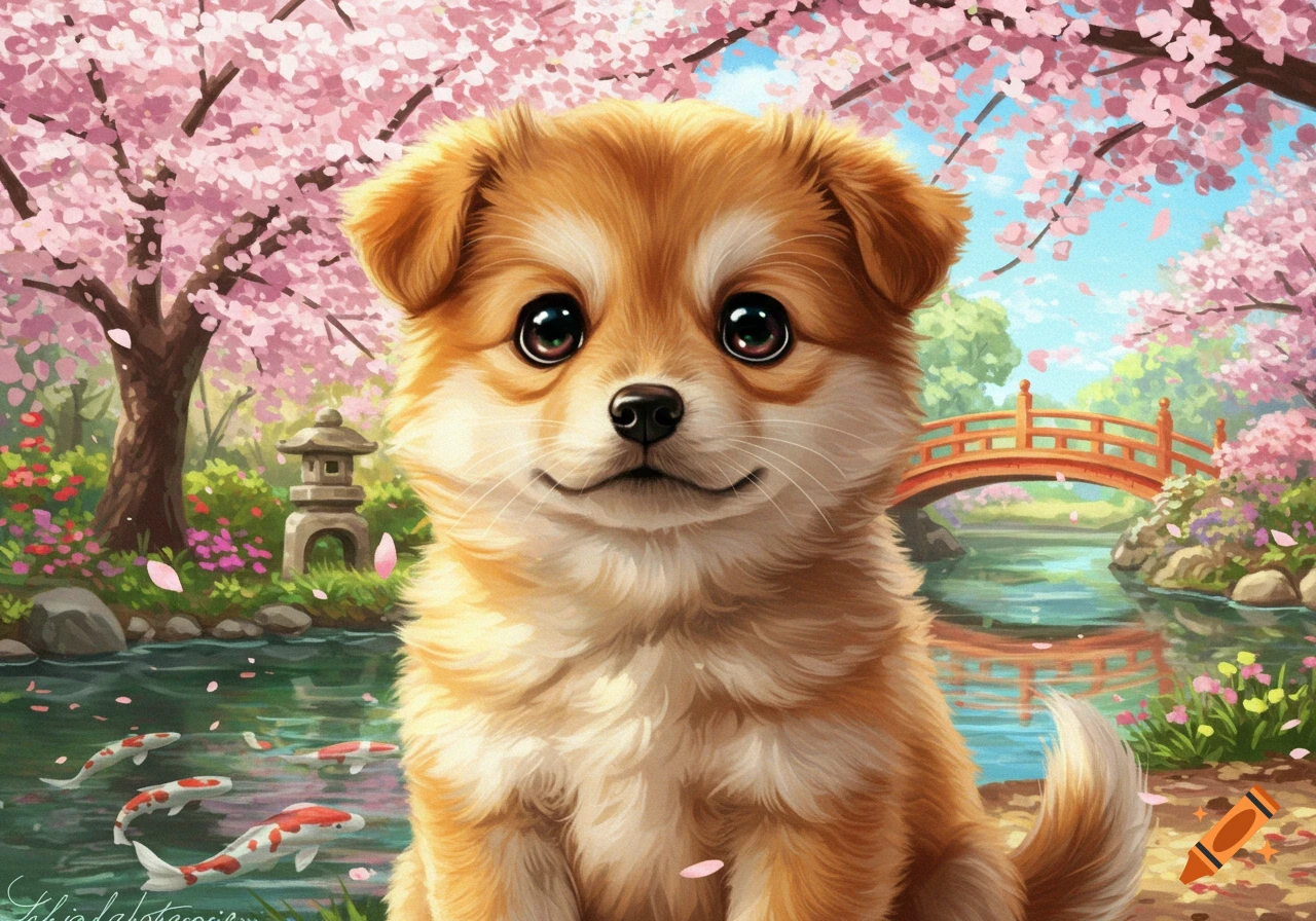 A cute fluffy brown and white puppy smiles in a vibrant cherry blossom garden with koi fish in a pond and a red bridge, in a digital art style.