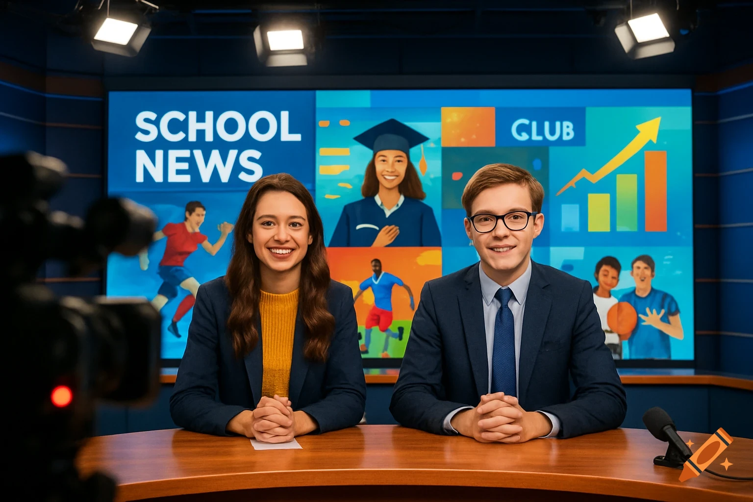 Two smiling young news anchors, a woman and a man, sit at a desk in a TV studio with 'SCHOOL NEWS' on a large screen behind them.