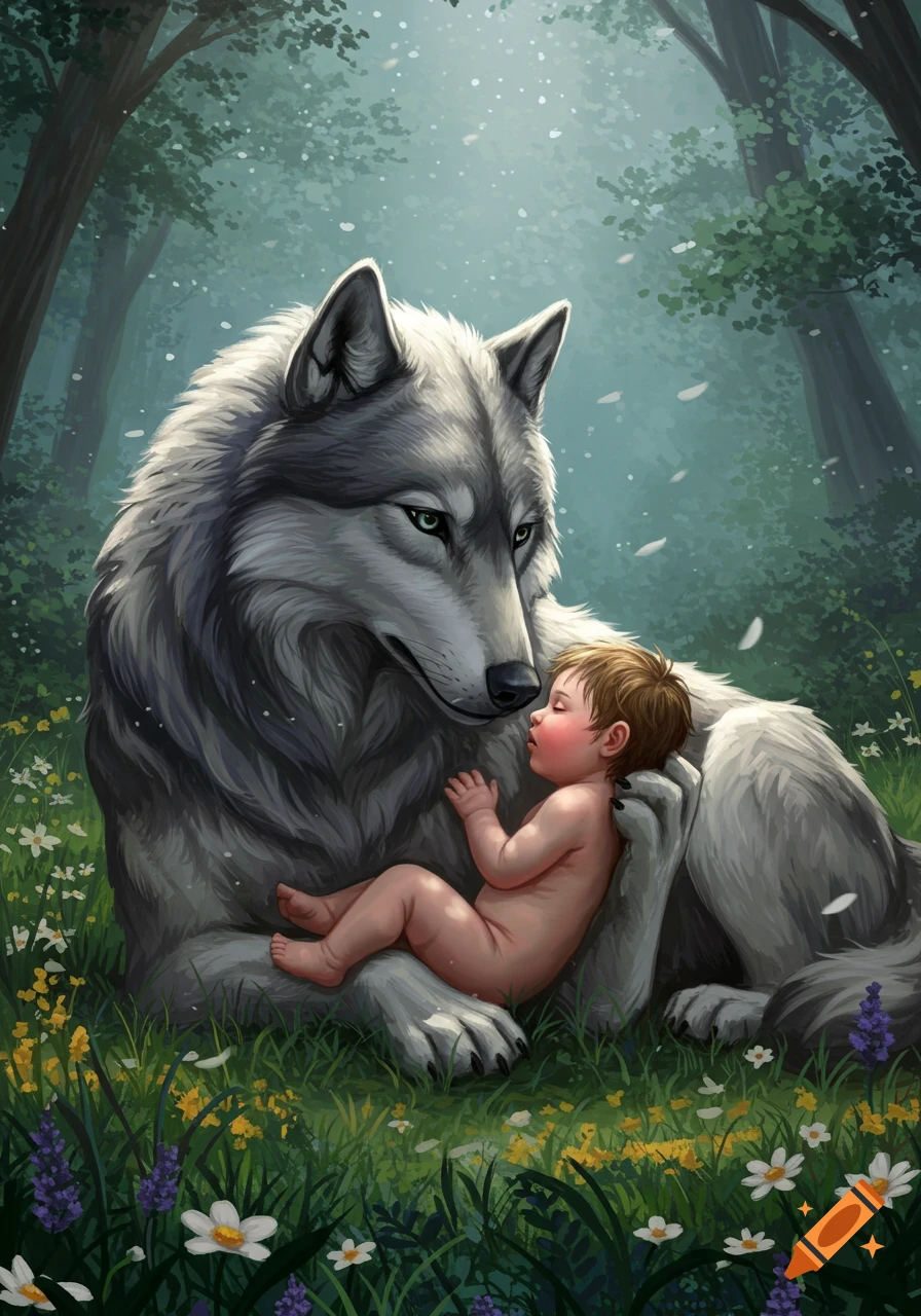 A large grey wolf gently cuddles a nude baby nestled in its fur amidst a forest clearing with flowers, in an illustrative style.
