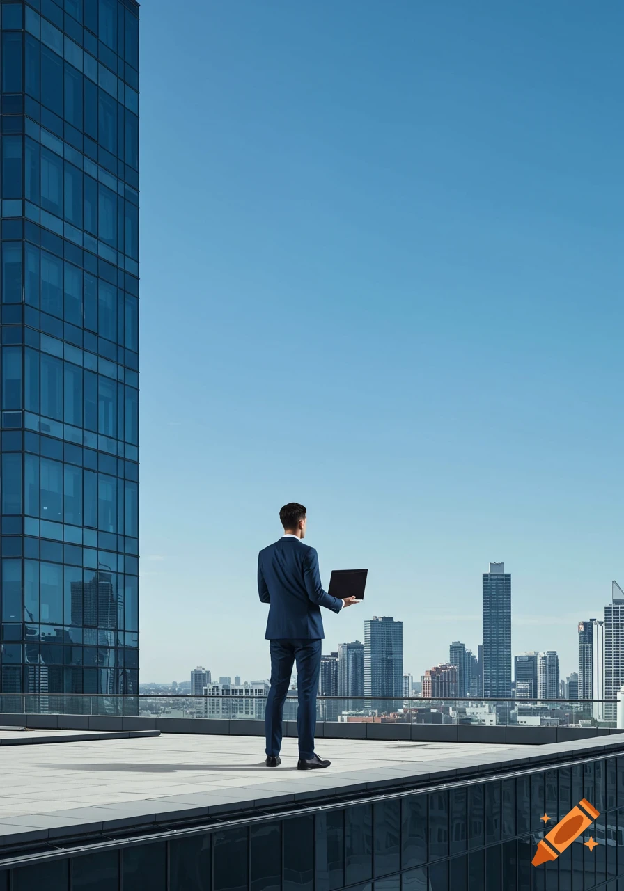 A man in a suit stands on a rooftop holding a laptop, overlooking a vast city skyline.
