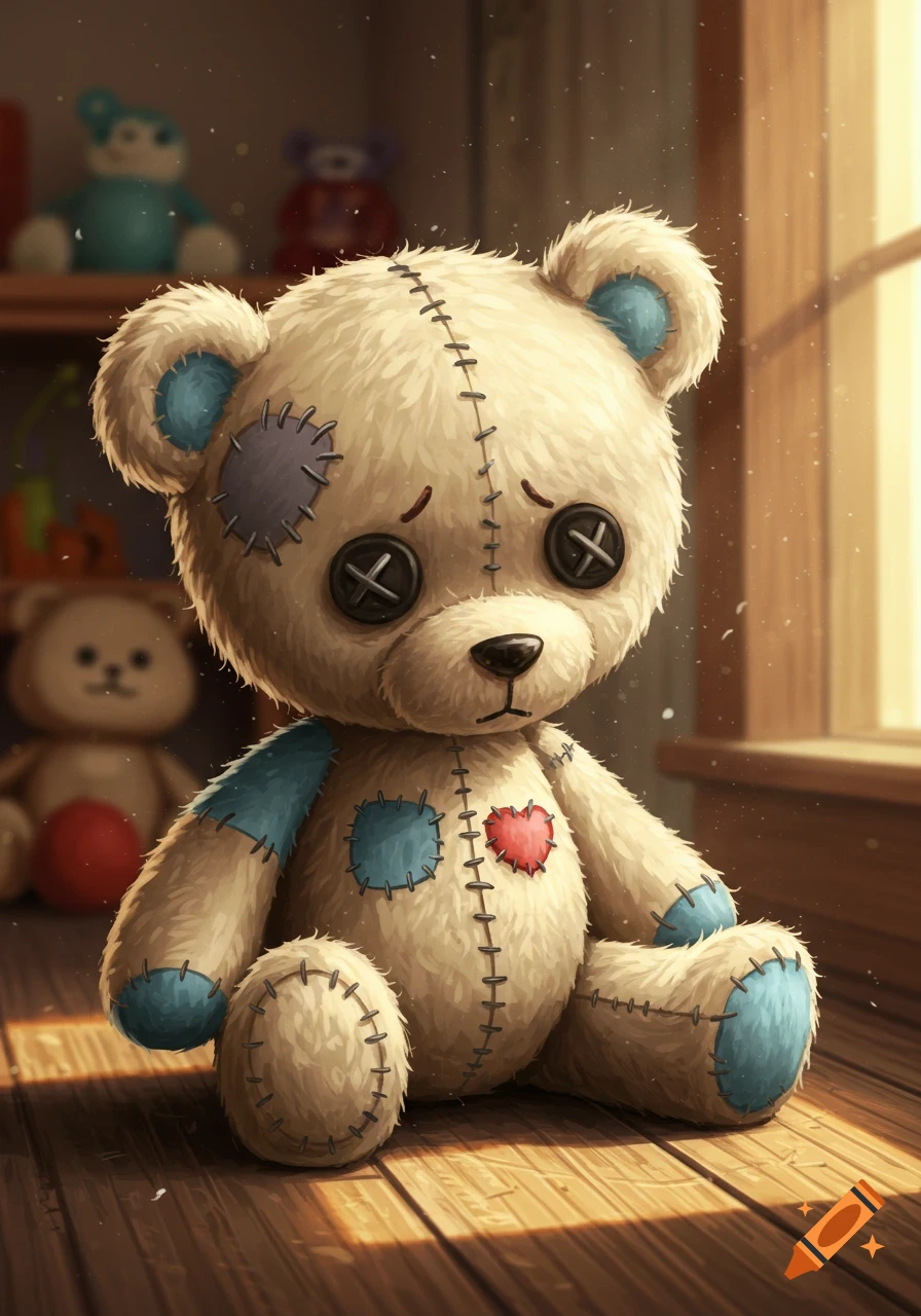 An illustrative image of a sad, patched teddy bear with button 'x' eyes sitting on a wooden floor in sunlight.