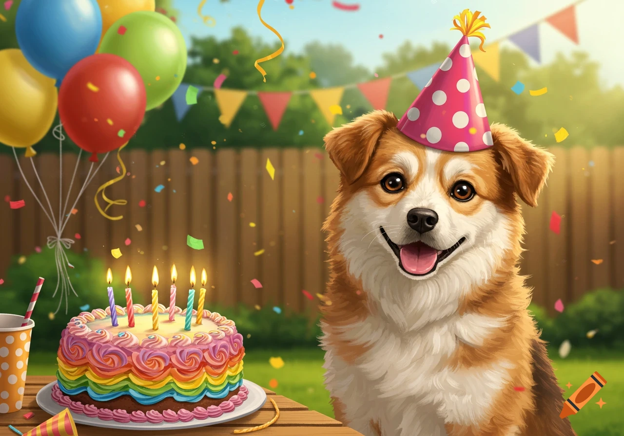 A happy dog in a pink polka-dot birthday hat smiles next to a rainbow cake with candles, balloons, and confetti in a sunny backyard.