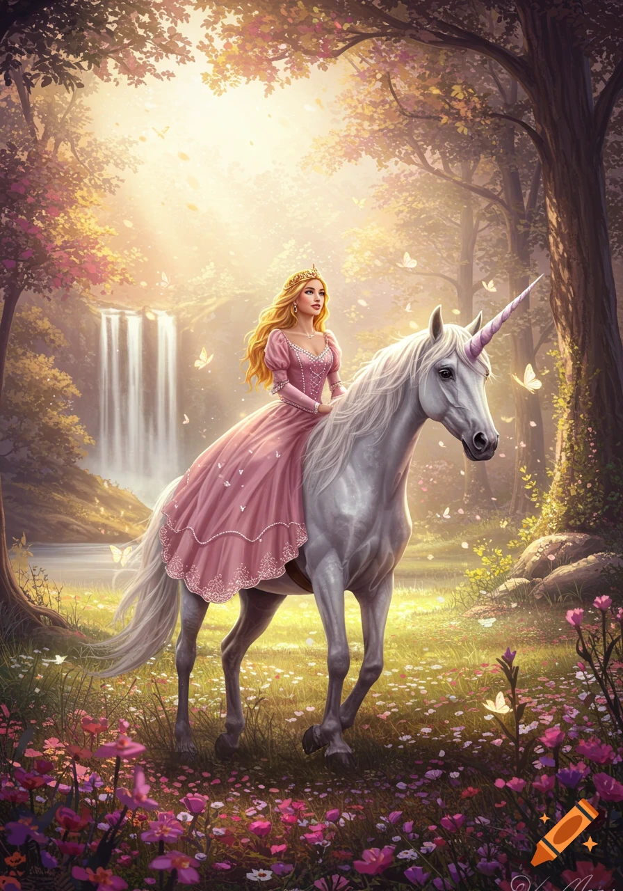 A blonde princess in a pink dress rides a white unicorn through a sunlit, magical forest with a waterfall, flowers, and butterflies.