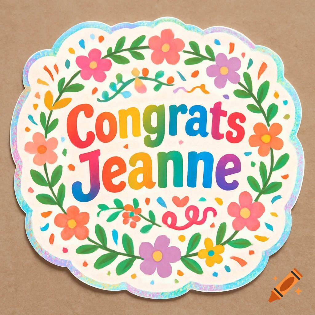 A colorful, floral sticker on a brown background, with the words "Congrats Jeanne" in rainbow-colored letters.