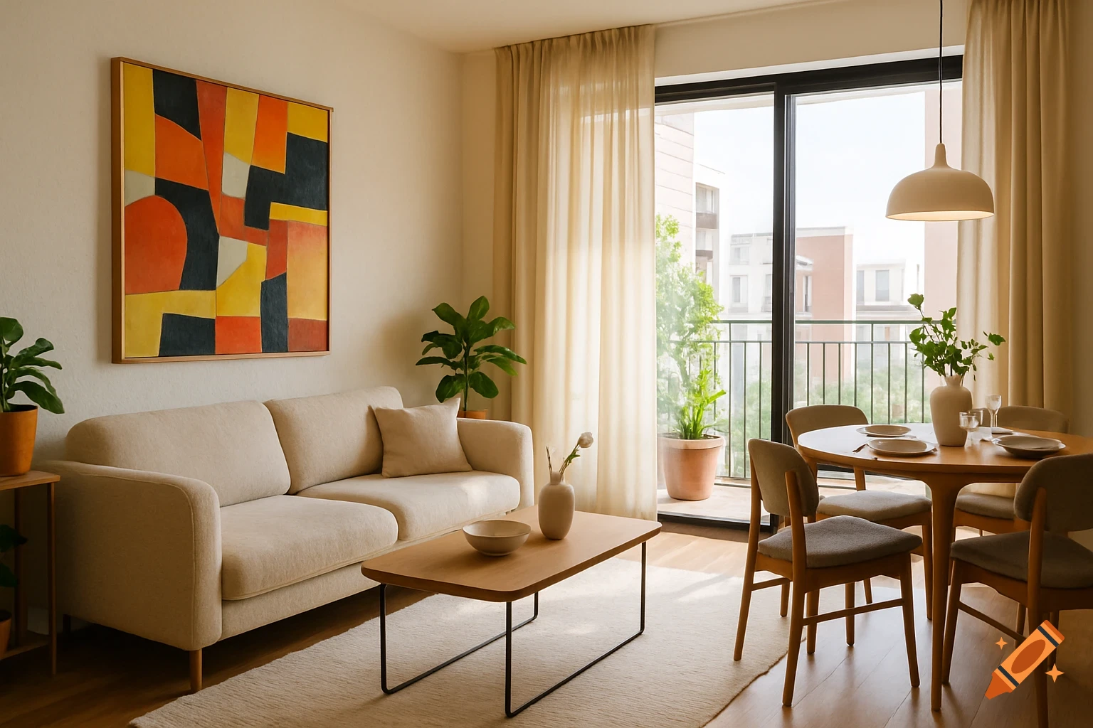 Modern living and dining room with a beige sofa, wooden furniture, abstract art, and large window overlooking a city.