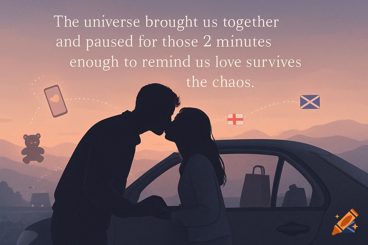 Digital illustration of two silhouetted people kissing through a car window against a pastel evening sky with floating symbols and text.
