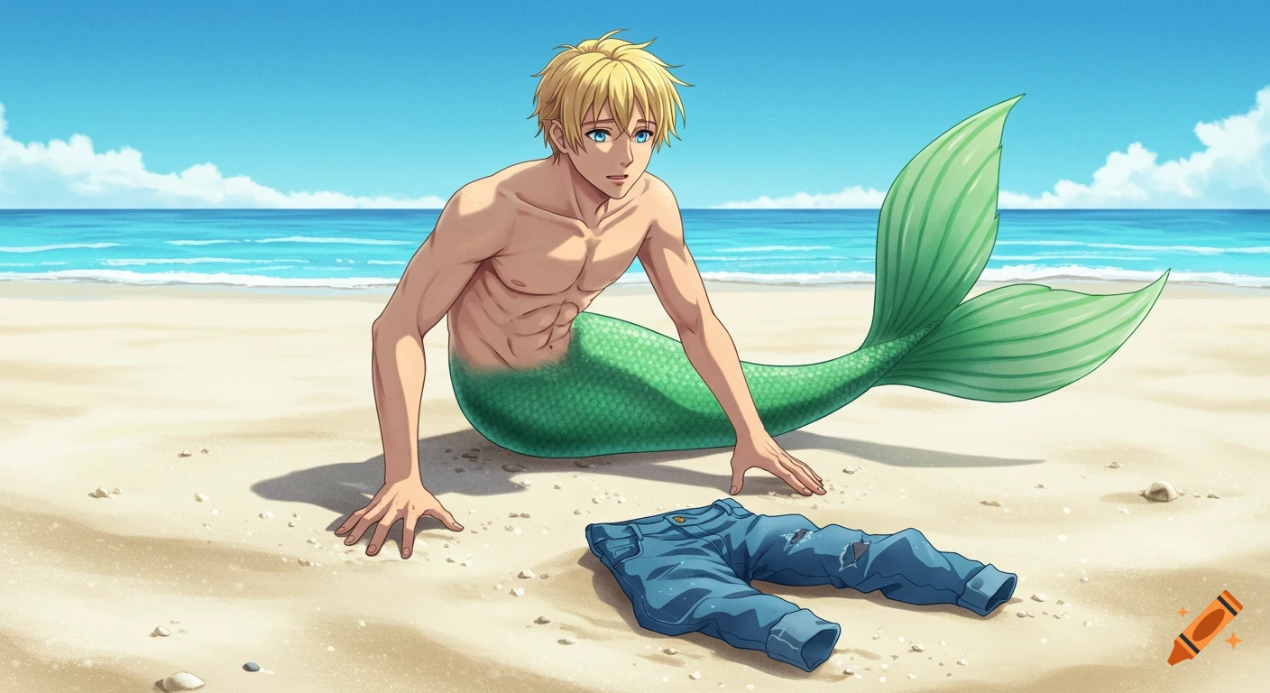 An anime-style young blond male merman with a green tail sits on a sandy beach, looking at a pair of blue jeans.