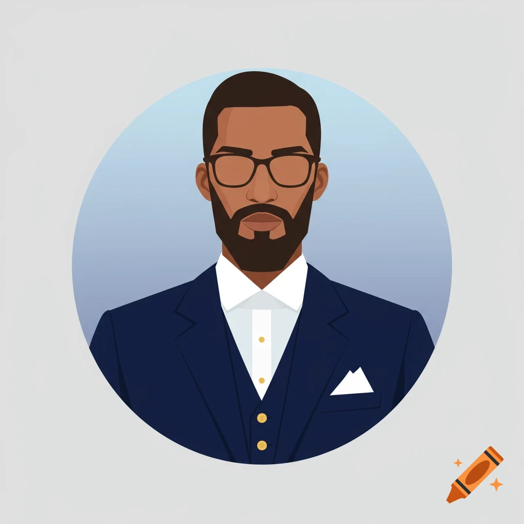 A stylized portrait of a bearded man with glasses, wearing a dark blue suit, white shirt, and waistcoat, set against a light blue circle.