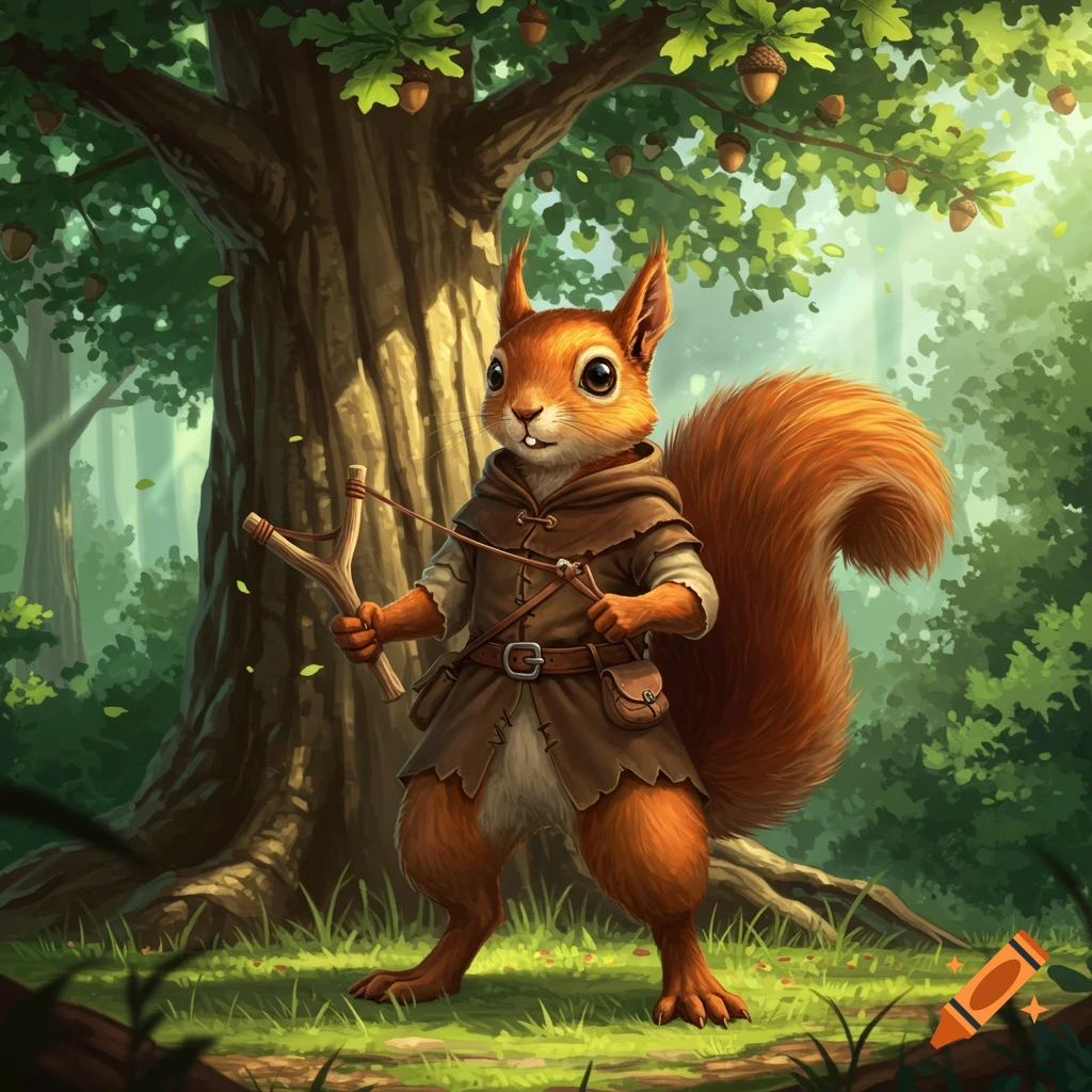 A squirrel humanoid in a brown cloak holds a slingshot, standing in a sunlit forest with a large tree full of acorns.