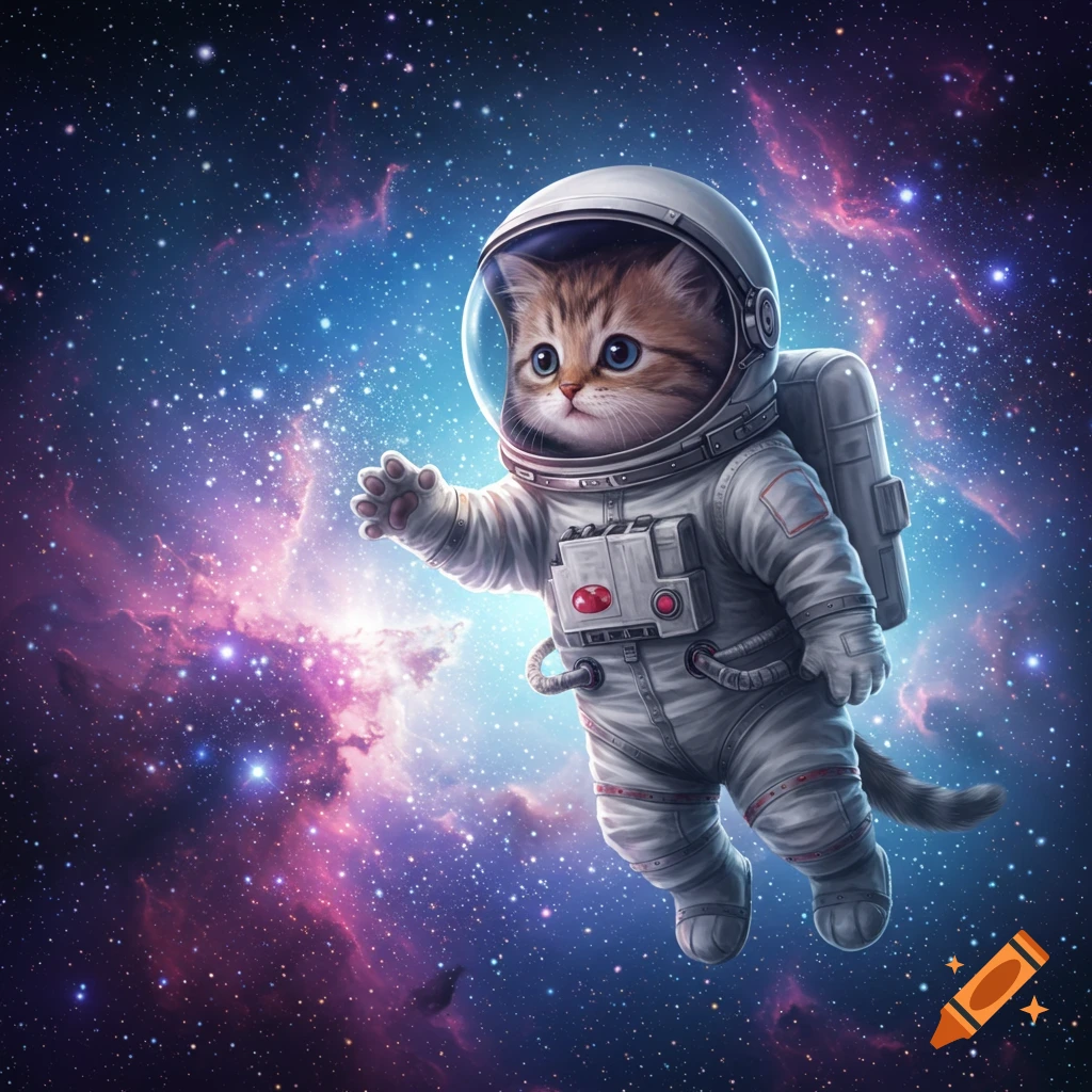 A cute tabby kitten in a white astronaut suit floats in a vibrant purple and blue starry nebula.