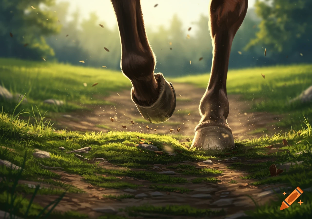 Close-up of two horse hooves on a sunlit grassy path, kicking up dirt and leaves. Trees blur in the background.