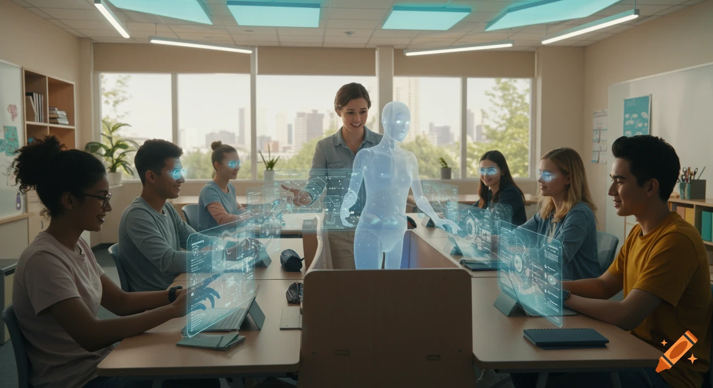 A human teacher and diverse students in a futuristic classroom interact with holographic tablets and an AI assistant.