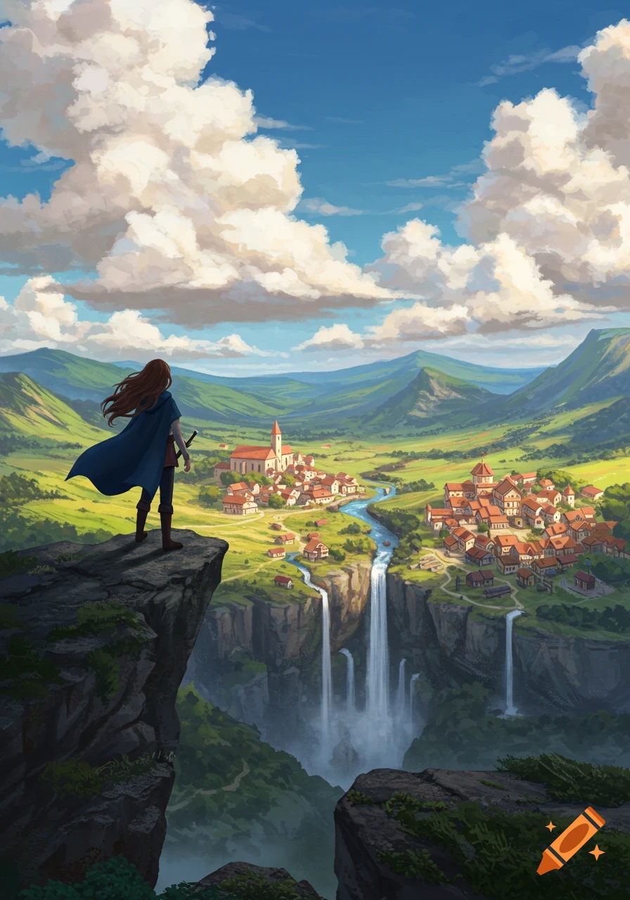 A brown-haired woman in a blue cloak stands on a cliff, overlooking a fantasy village with waterfalls in a green valley under a cloudy sky.