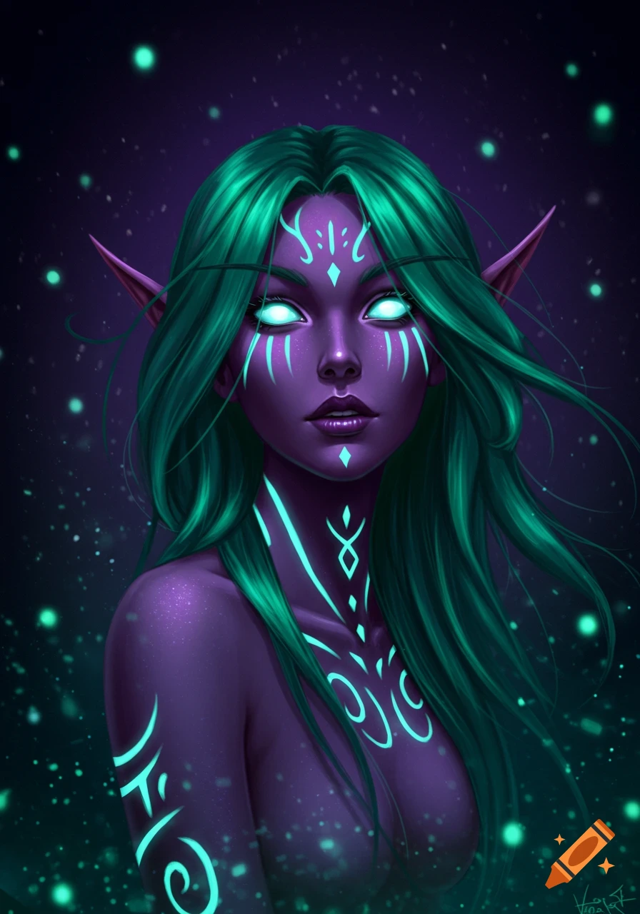 A dark fantasy portrait of a night elf girl with glowing eyes, purple skin, teal hair, and bioluminescent tribal tattoos on her chest against a starry background.