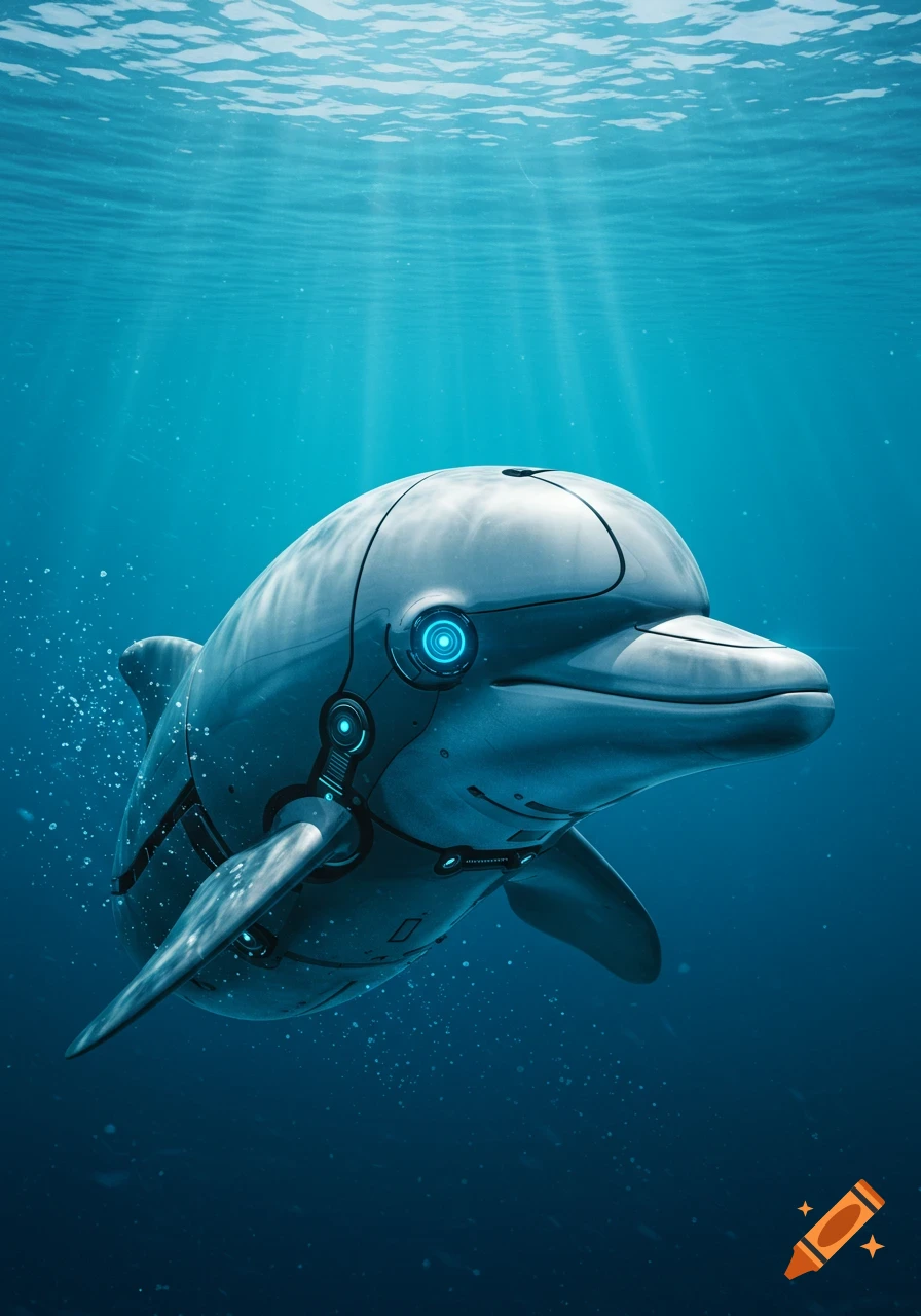 A sleek, metallic cyborg dolphin with glowing blue accents swims underwater, illuminated by sun rays from above.