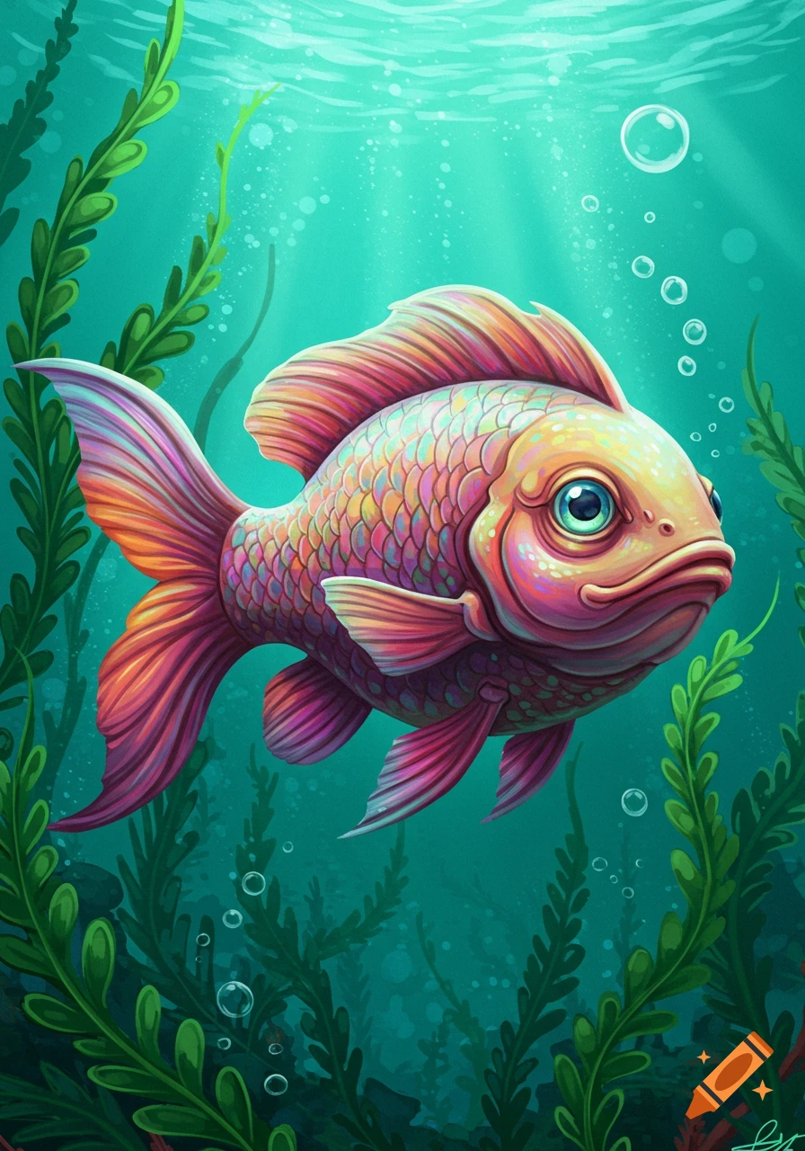 A vibrant, stylized fish with big eyes and colorful fins swims amidst green seaweed and bubbles in a turquoise underwater scene.