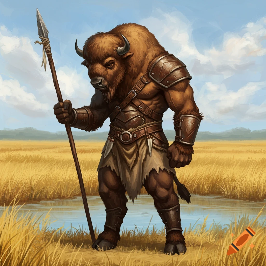 A bison humanoid in brown leather armor holds a spear, standing in a golden savannah with a pond under a blue sky.