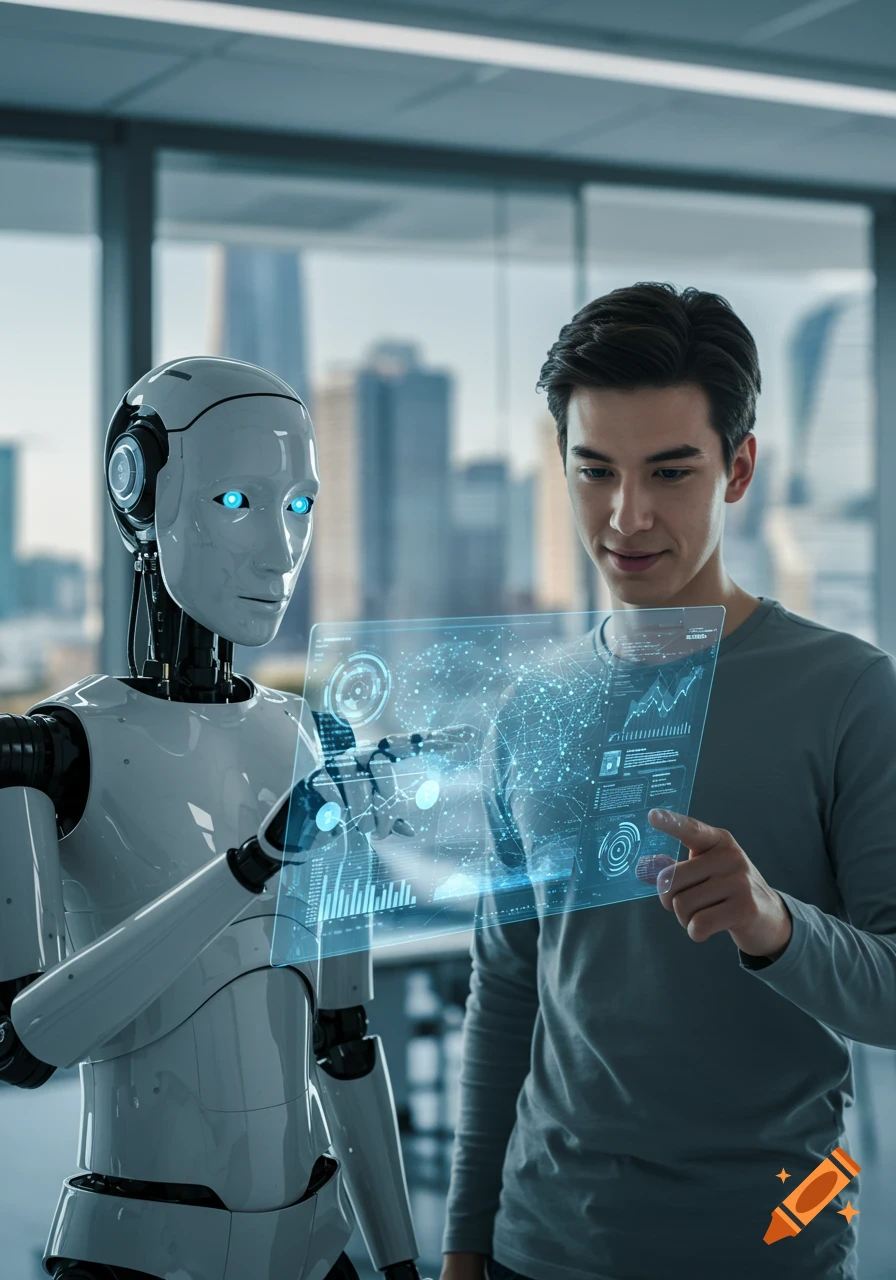 A man and a robot look at and interact with a translucent holographic screen displaying data in a modern office.