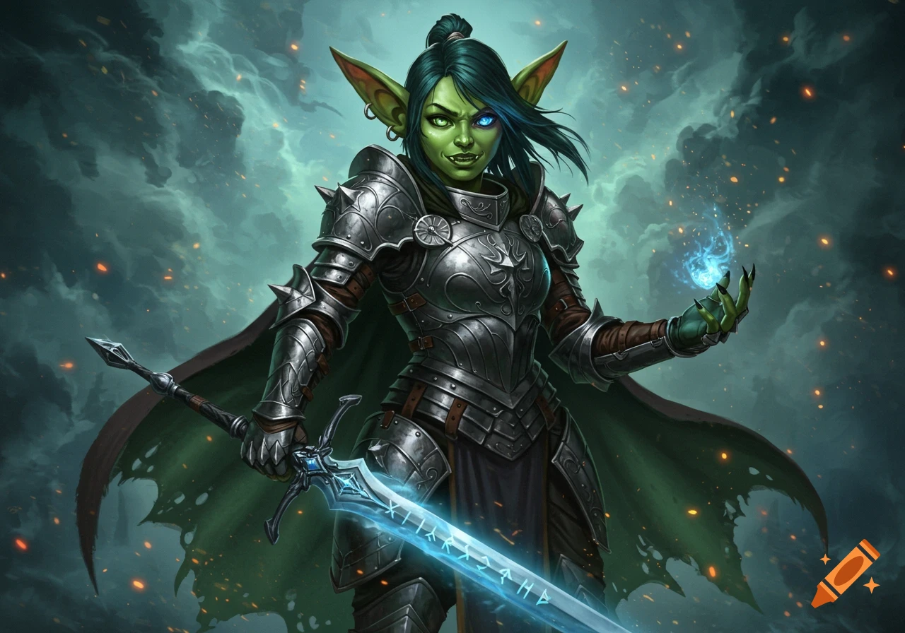 A fierce female goblin knight in intricate silver armor holds a glowing blue sword and magic, against a dark, stormy sky.