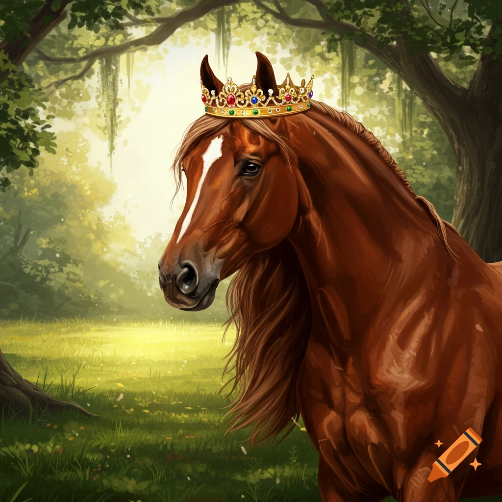 A regal brown horse with a white blaze wears a jeweled gold crown in a sunlit forest clearing, in an illustrative style.