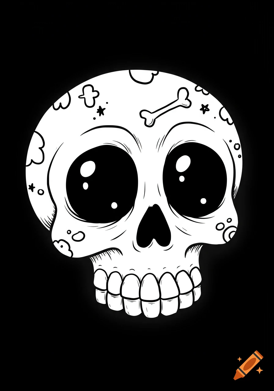 A cartoon white skull with large black eyes and a small bone on its forehead, on a black background.