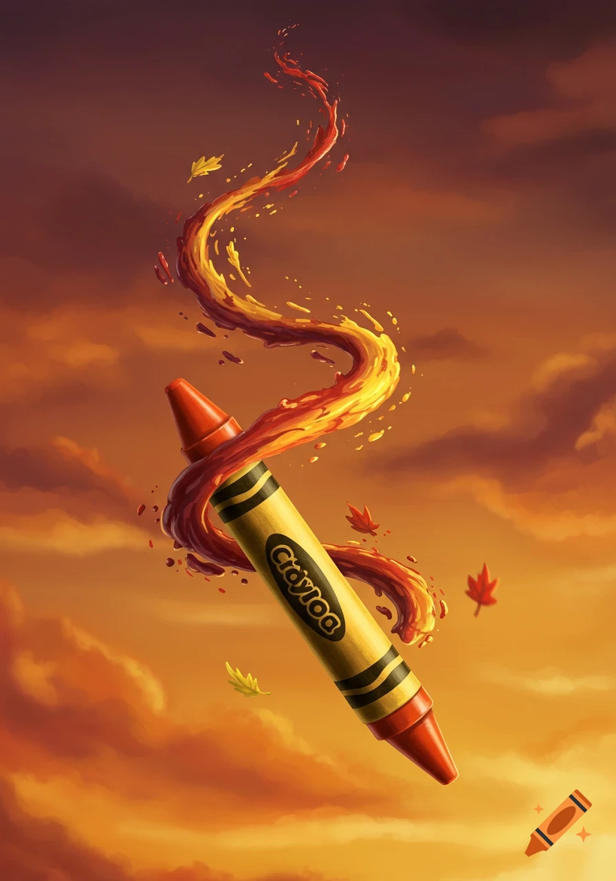 A yellow Crayola crayon wrapped in a swirling stream of red and orange liquid and autumn leaves against a sunset sky.