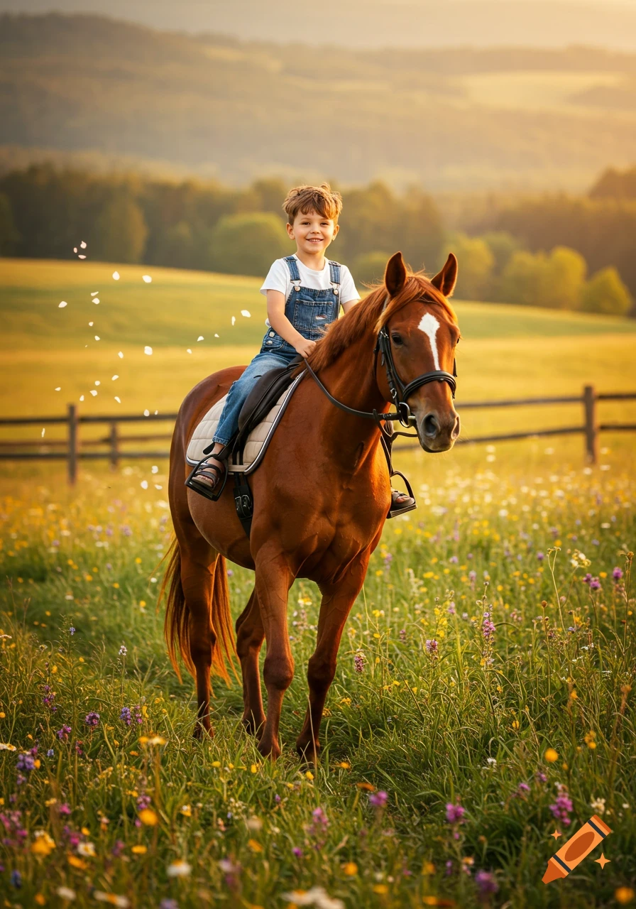 A young boy smiling while riding a brown horse through a sunlit wildflower meadow at sunset.