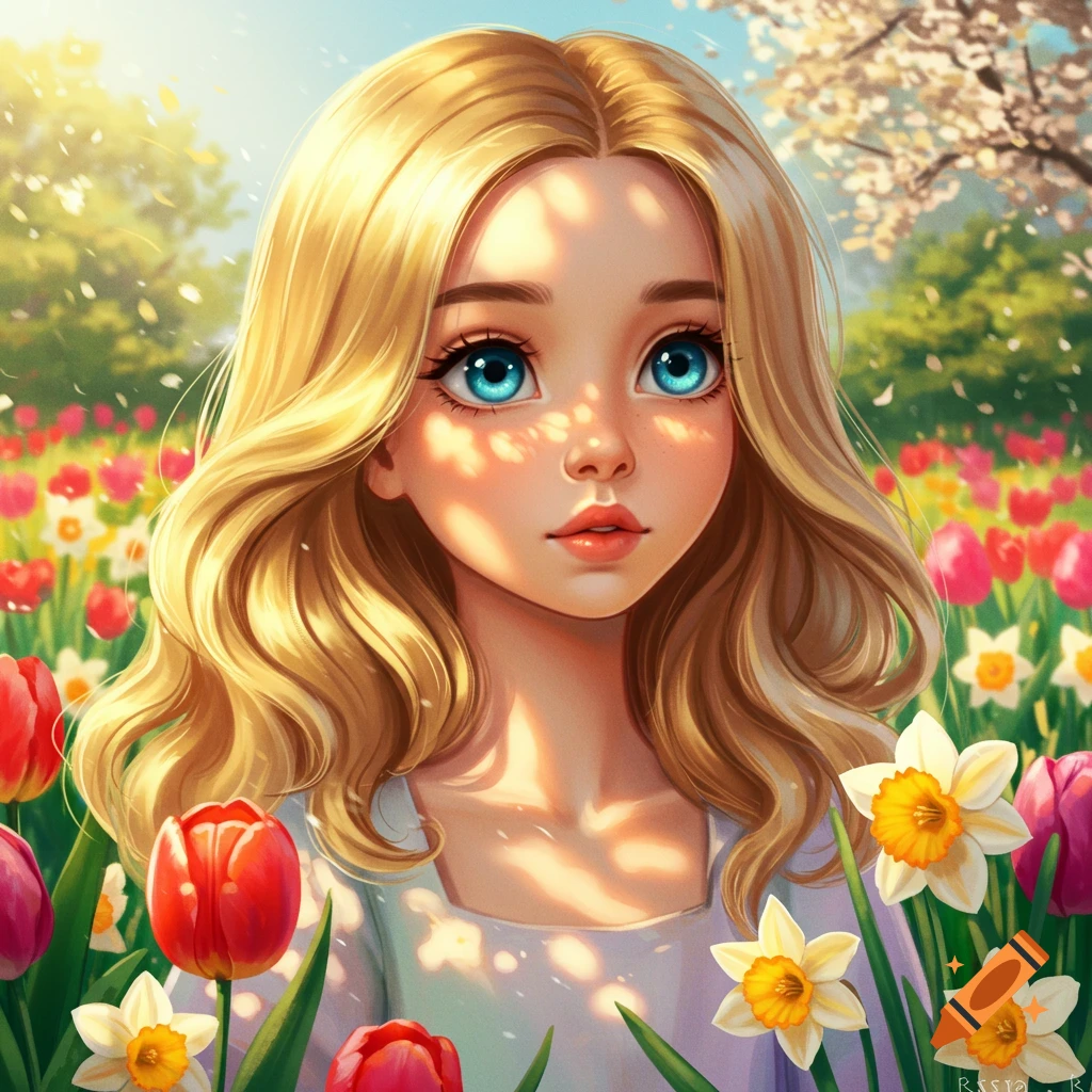 Anime girl with blonde hair and big blue eyes stands in a vibrant field of red tulips and white daffodils, sunlit.