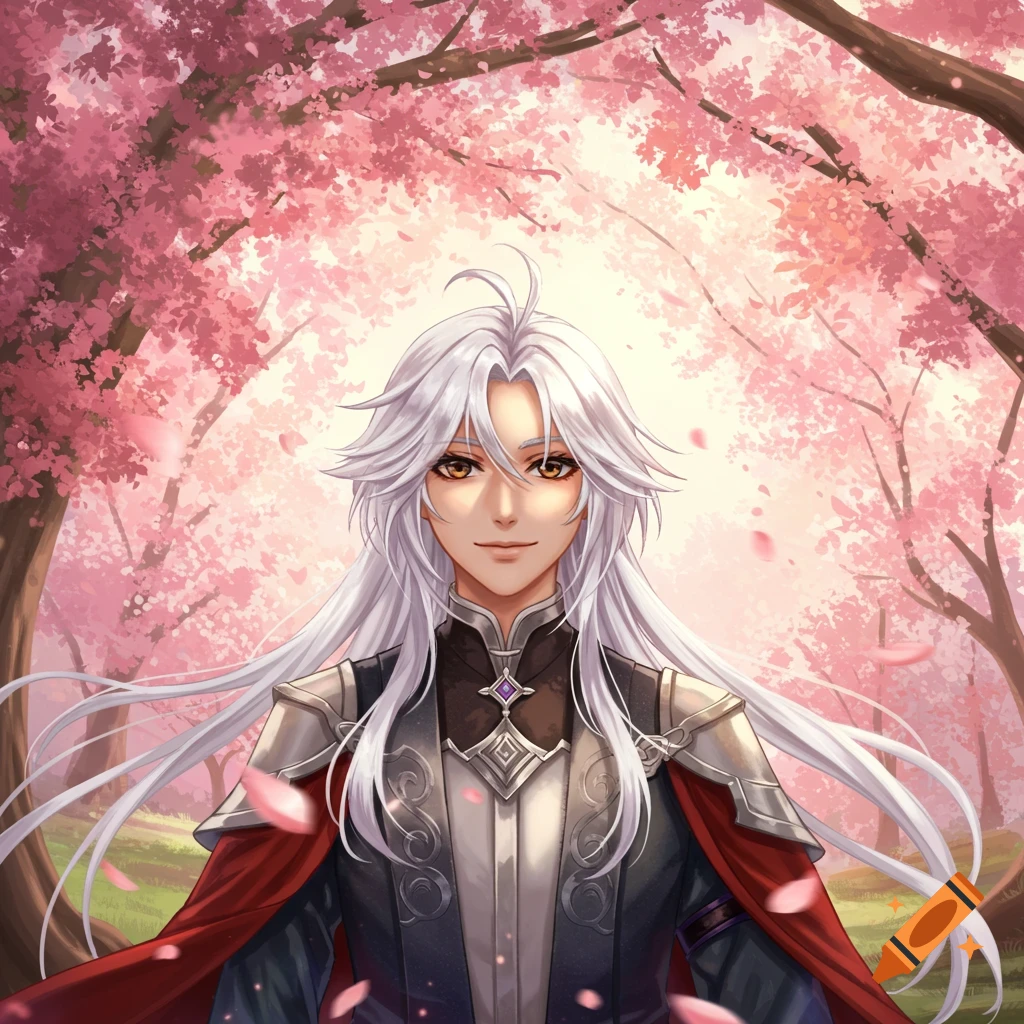 An anime character with long white hair and brown eyes in armor and a red cape, standing in a cherry blossom forest.