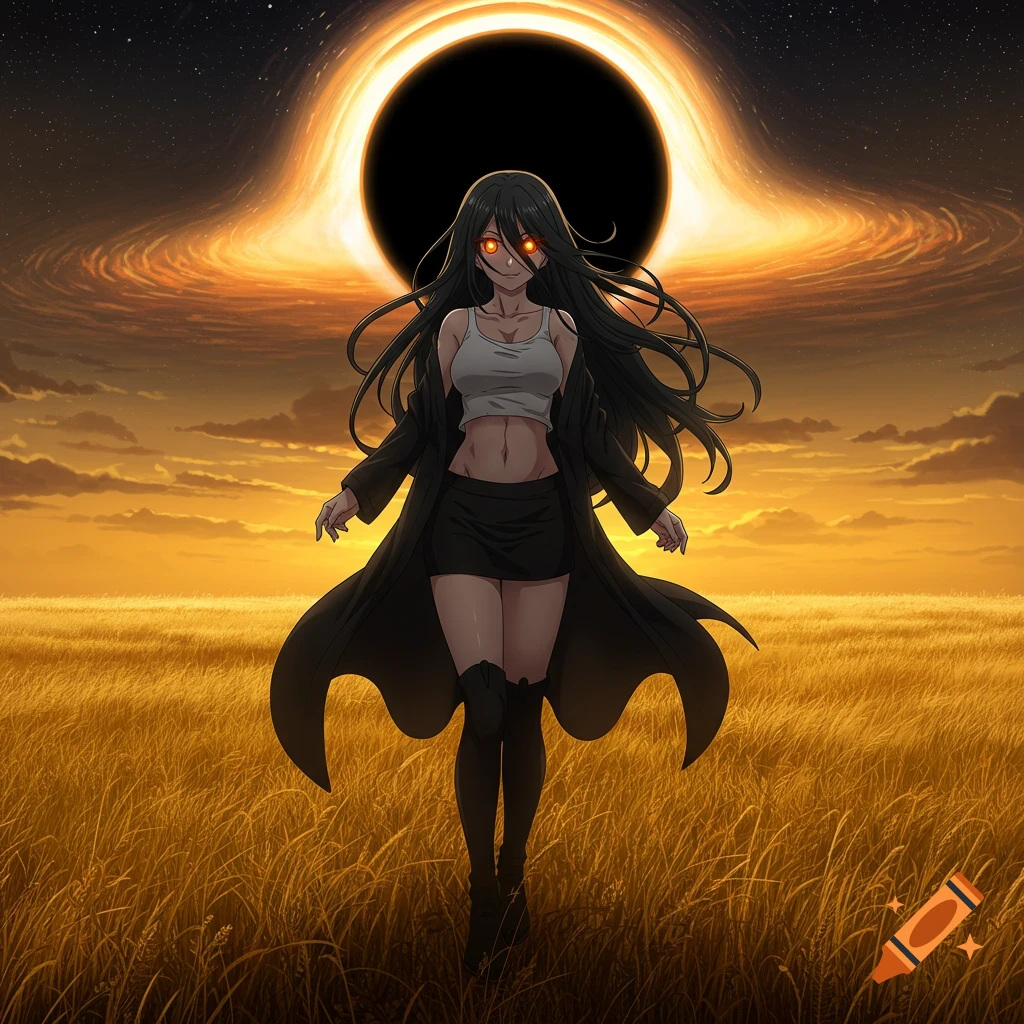 Anime woman with glowing orange eyes and long black hair stands in a golden field under a sky with a black hole at sunset.
