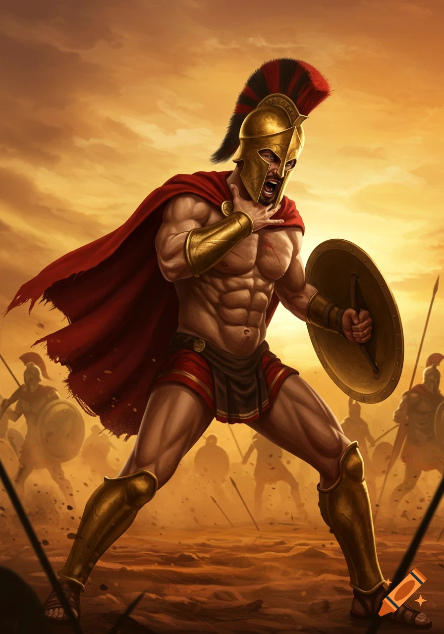 Muscular Spartan warrior in golden helmet and red cape makes a choking gesture on a battleground, digital art.