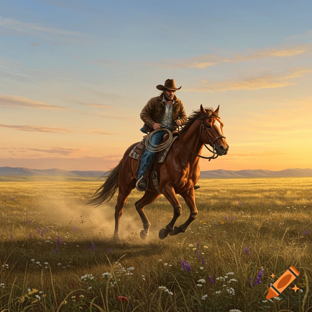 A cowboy on a brown horse gallops through a grassy prairie at sunset in an illustrative style.