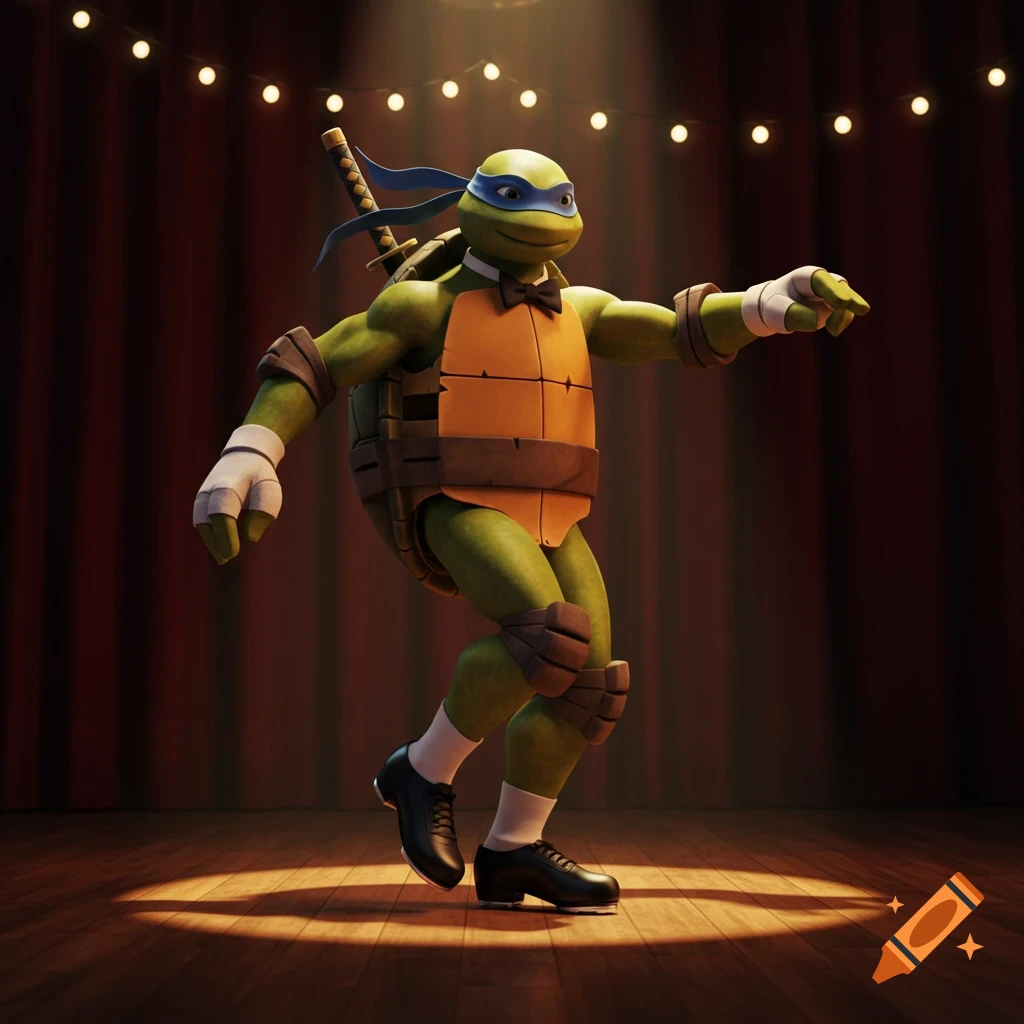 Leonardo from TMNT 2012 tap dancing in a black bow tie and tap shoes on a stage with string lights.