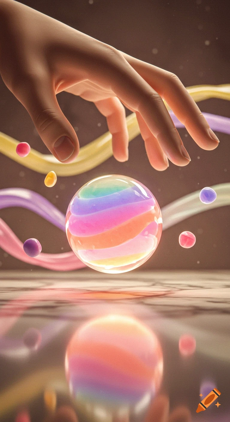A stylized hand reaches for a glowing, rainbow-striped sphere floating above a reflective surface with colorful ribbons.
