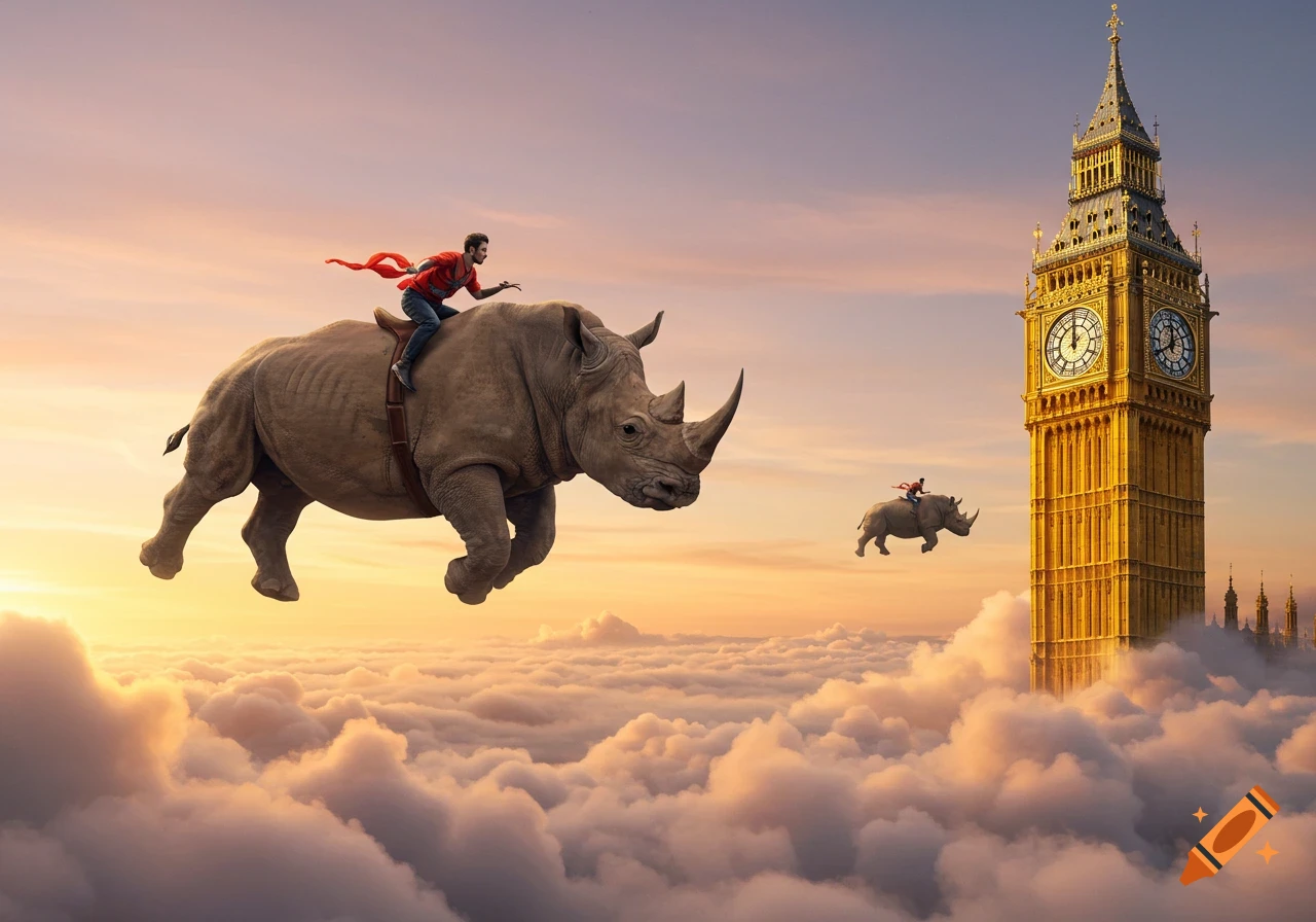 A man in red rides a flying rhino over a cloudscape, with Big Ben towering in the distance during sunset.
