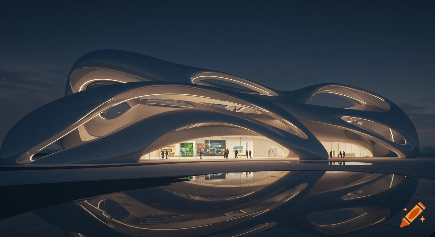 A futuristic, curved white building with illuminated interiors and people visible inside, reflected in a pool at night.