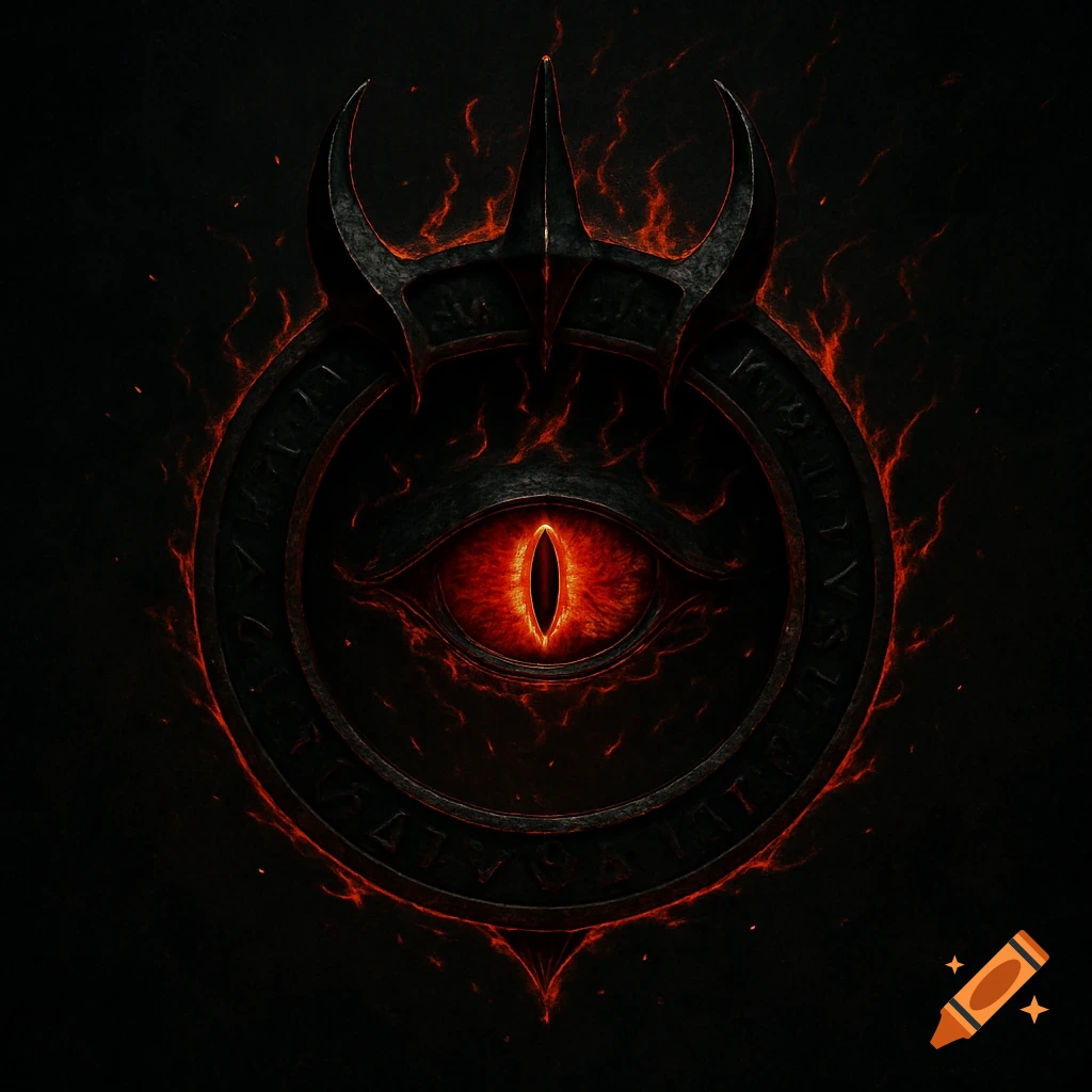 A dark fantasy sigil featuring a fiery red eye at its center, surrounded by glowing orange flames, within a black horned crest.