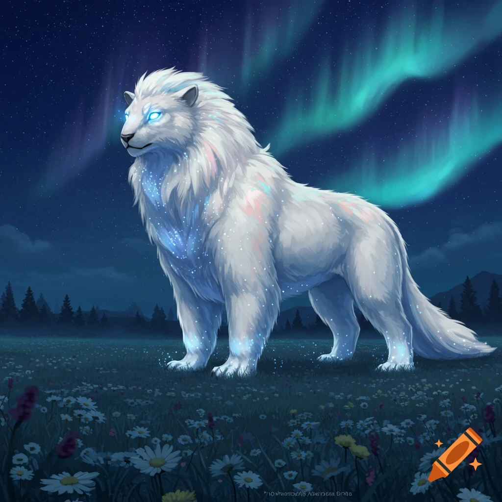 A majestic white lion-like creature with glowing blue eyes and sparkling fur stands in a field of wildflowers under a starry night sky with green aurora borealis.