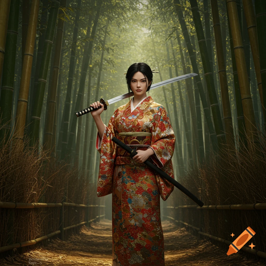 A Japanese woman in a vibrant kimono holds a katana over her shoulder in a serene bamboo forest.