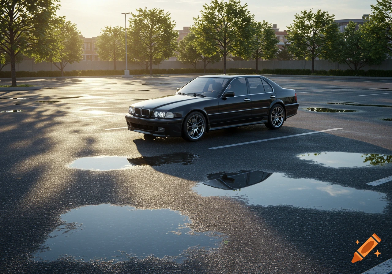 A black car is parked in a wet parking lot with puddles reflecting the sunny sky and trees, in a realistic style.