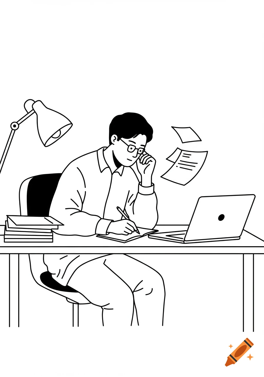 Minimalist black and white line art of a person writing at a desk with a laptop, lamp, and flying papers.