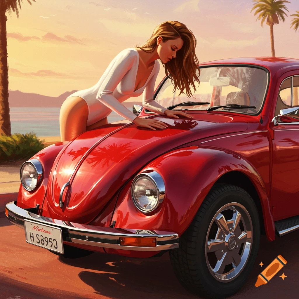A woman in a white leotard leans over a red Volkswagen Beetle on a beach at sunset, in a digital art style.