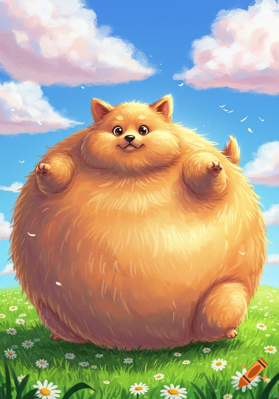 A cute, fluffy, round orange cartoon dog smiles while sitting in a field of green grass and white daisies under a blue sky with clouds.